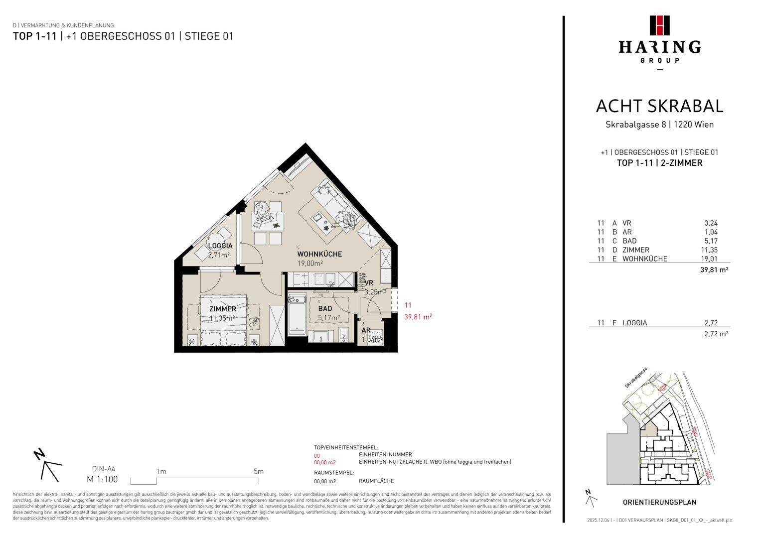 Grundriss einer 2-Zimmer-Wohnung mit Wohnküche, Bad, Zimmer und Loggia im Obergeschoss.