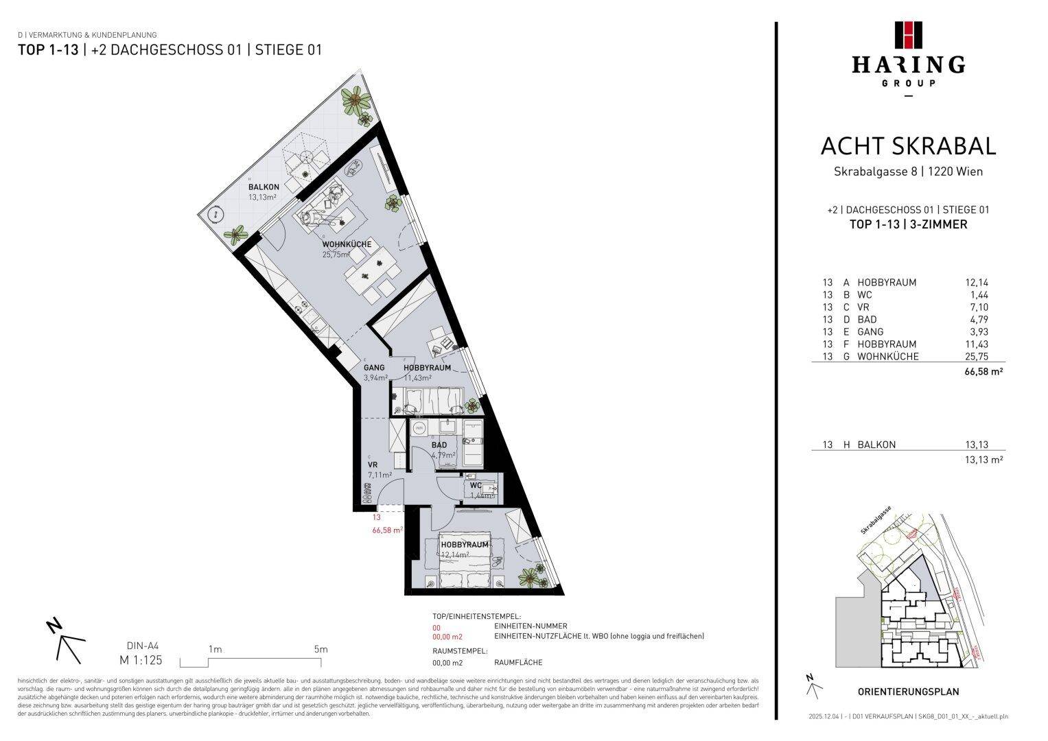 Detaillierter Grundriss einer Dachgeschosswohnung mit offener Wohnküche und Balkon.