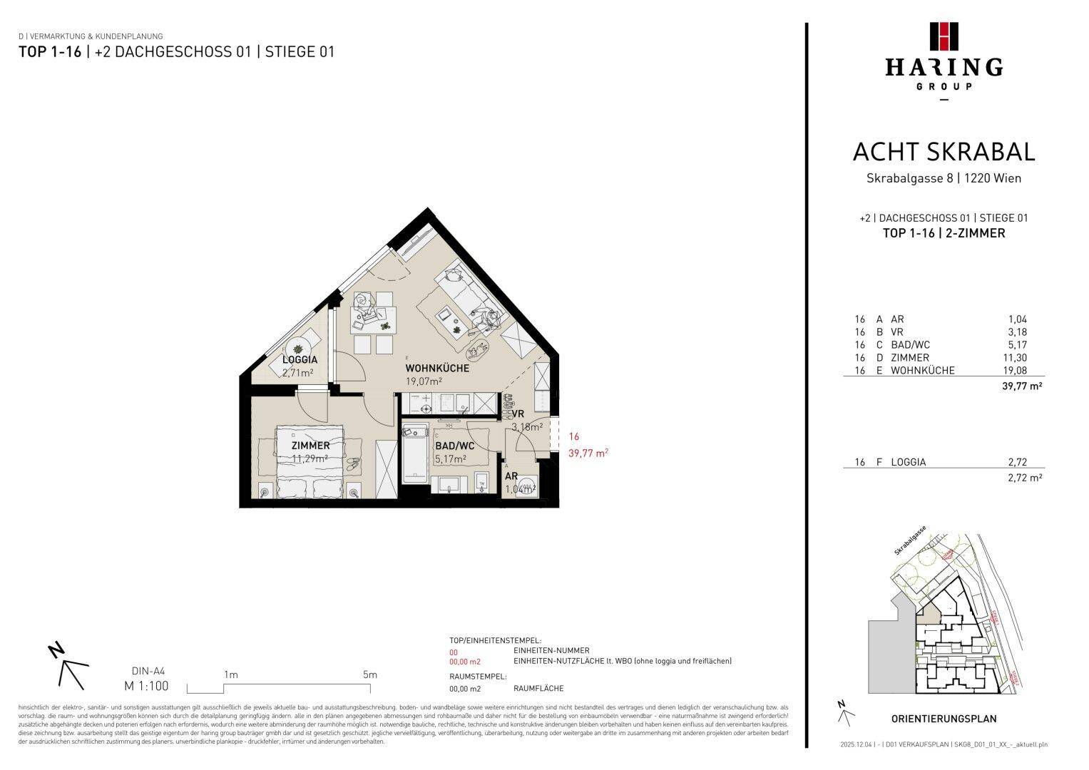 Grundriss einer 2-Zimmer-Wohnung im Dachgeschoss mit offener Wohnküche und Loggia.