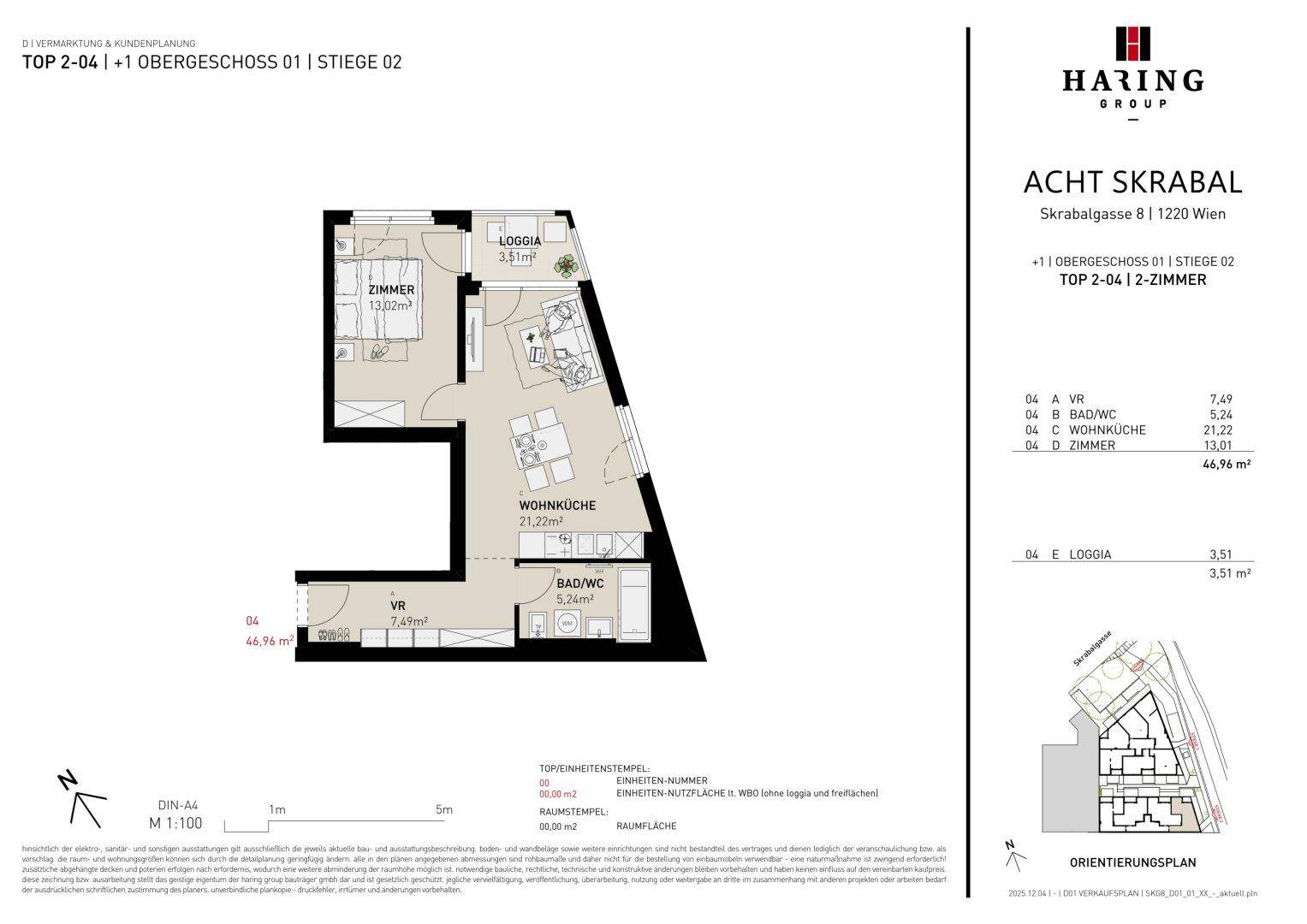 Grundriss der Wohnung TOP 2-04 mit Wohnküche, Zimmer und Loggia.