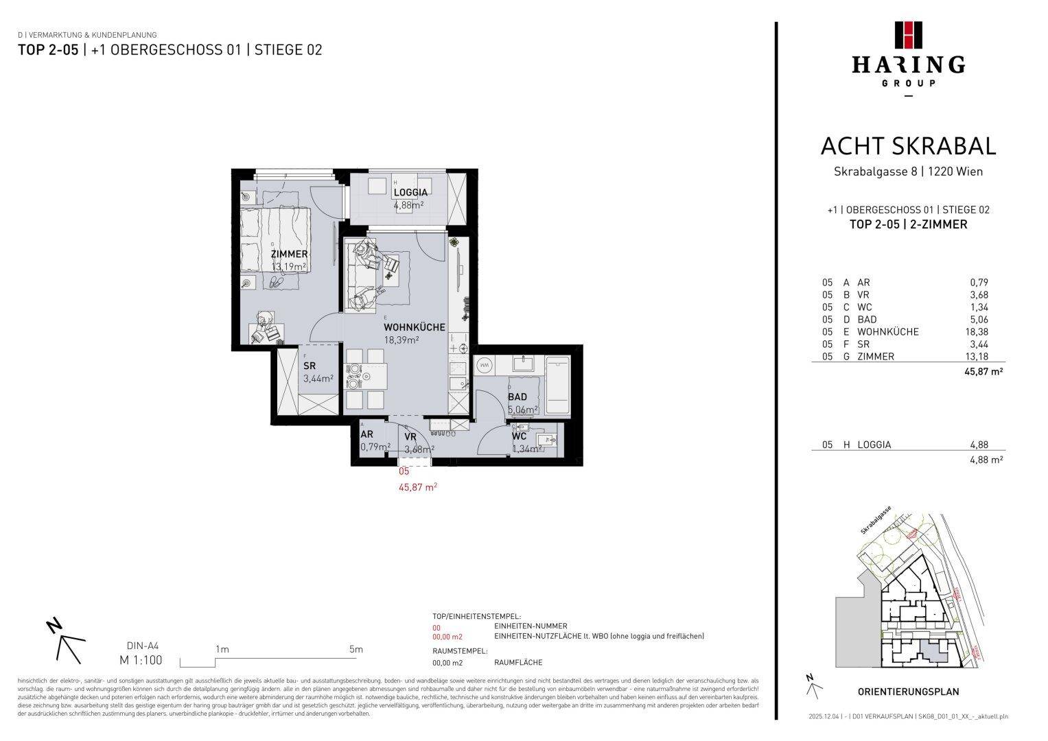 Grundriss einer 2-Zimmer-Wohnung im Obergeschoss mit offener Wohnküche und Loggia.
