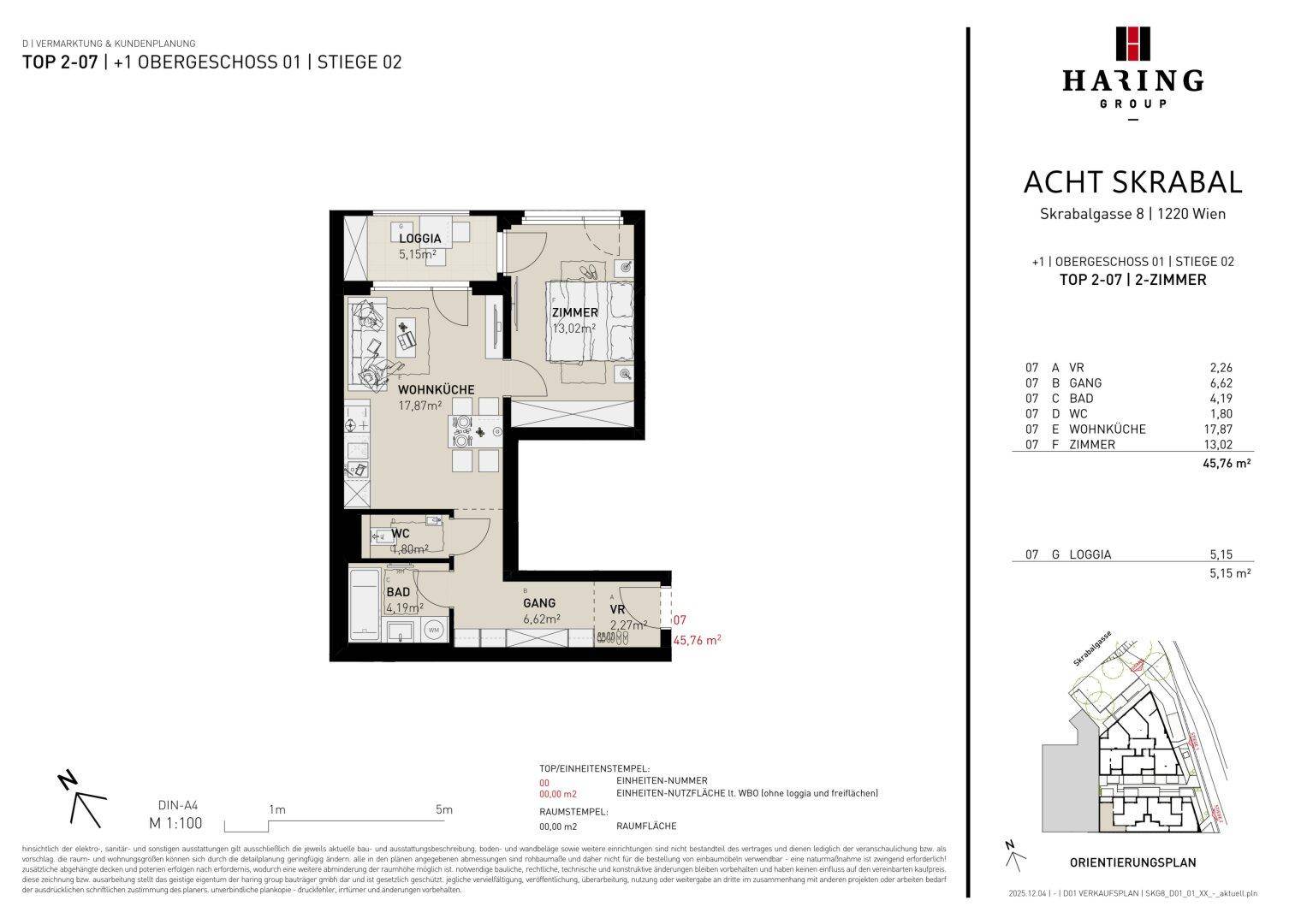 Grundriss einer 2-Zimmer-Wohnung mit offener Wohnküche, Loggia und separatem WC.