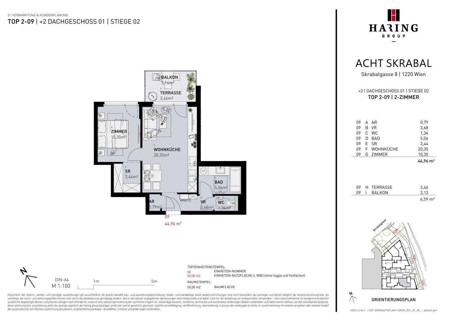 Grundriss der Dachgeschosswohnung mit offener Wohnküche, Balkon und Terrasse.