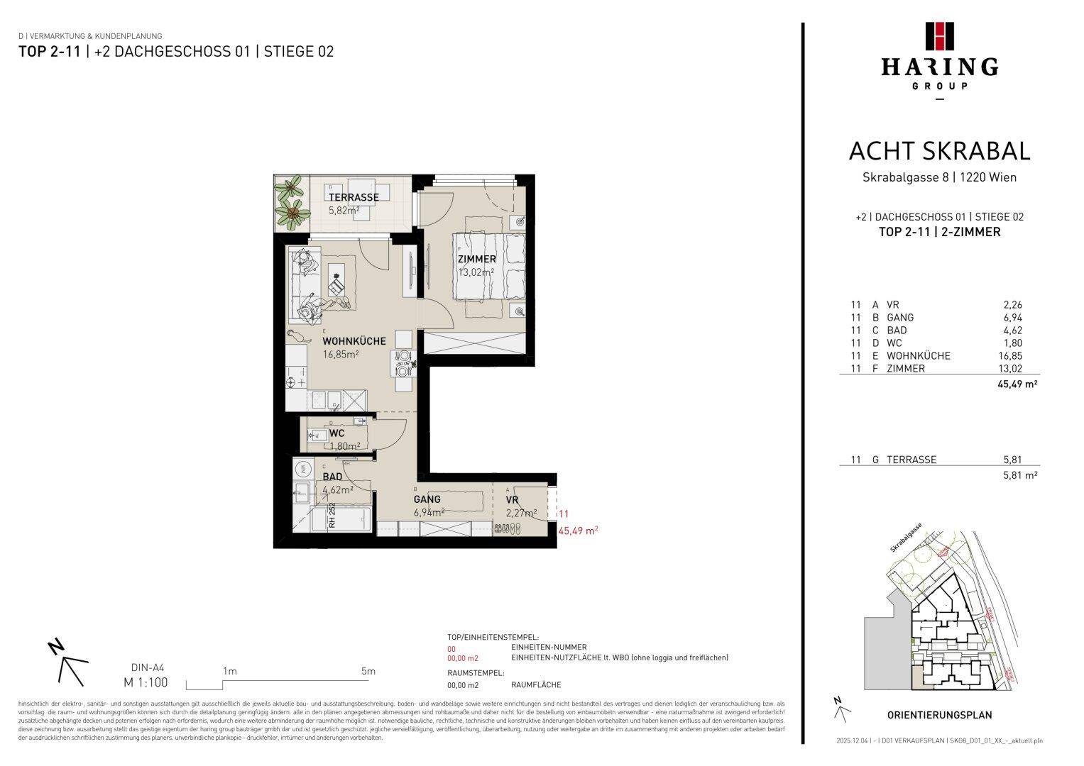 Detaillierter Grundriss einer 2-Zimmer-Wohnung mit Terrasse und klarer Raumaufteilung.