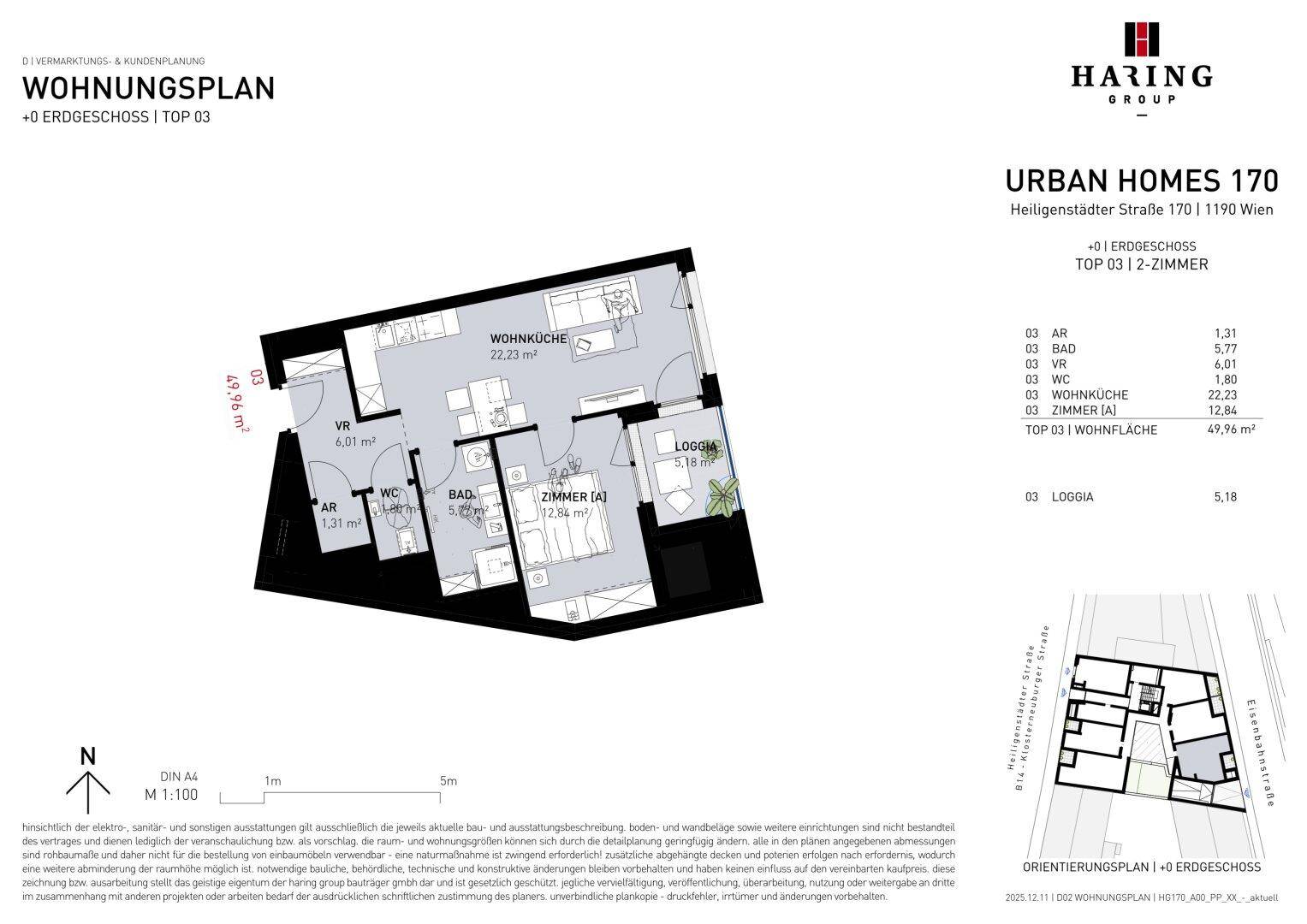Dieser Wohnungsplan zeigt eine effiziente Aufteilung mit offener Wohnküche, Bad, separatem WC und Loggia.