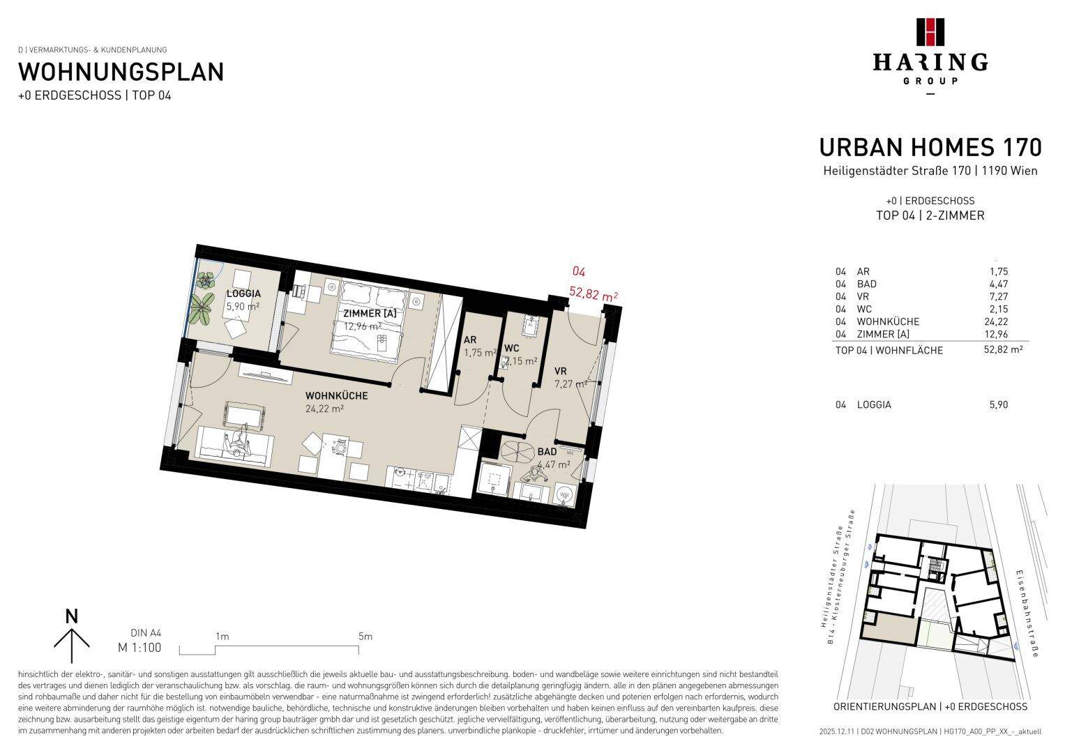 Dieser Wohnungsplan zeigt eine moderne 2-Zimmer-Wohnung im Erdgeschoss mit offener Wohnküche, einem Schlafzimmer und einer Loggia.