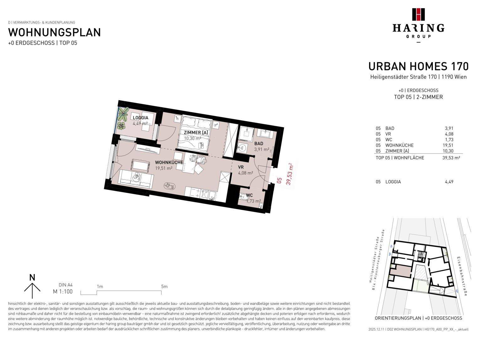 Dieser Wohnungsplan zeigt eine effiziente Aufteilung mit einem Schlafzimmer, einem offenen Wohnbereich und einer Loggia.
