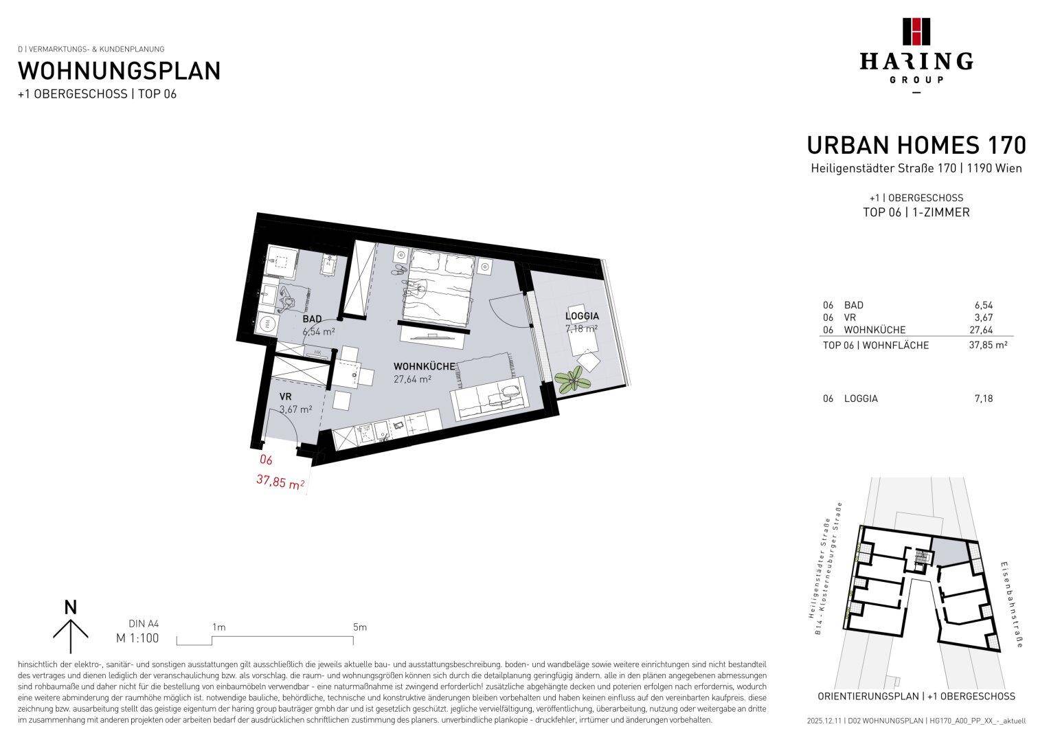 Grundrissplan einer modernen 1-Zimmer-Wohnung mit offener Wohnküche, Bad und einer Loggia.