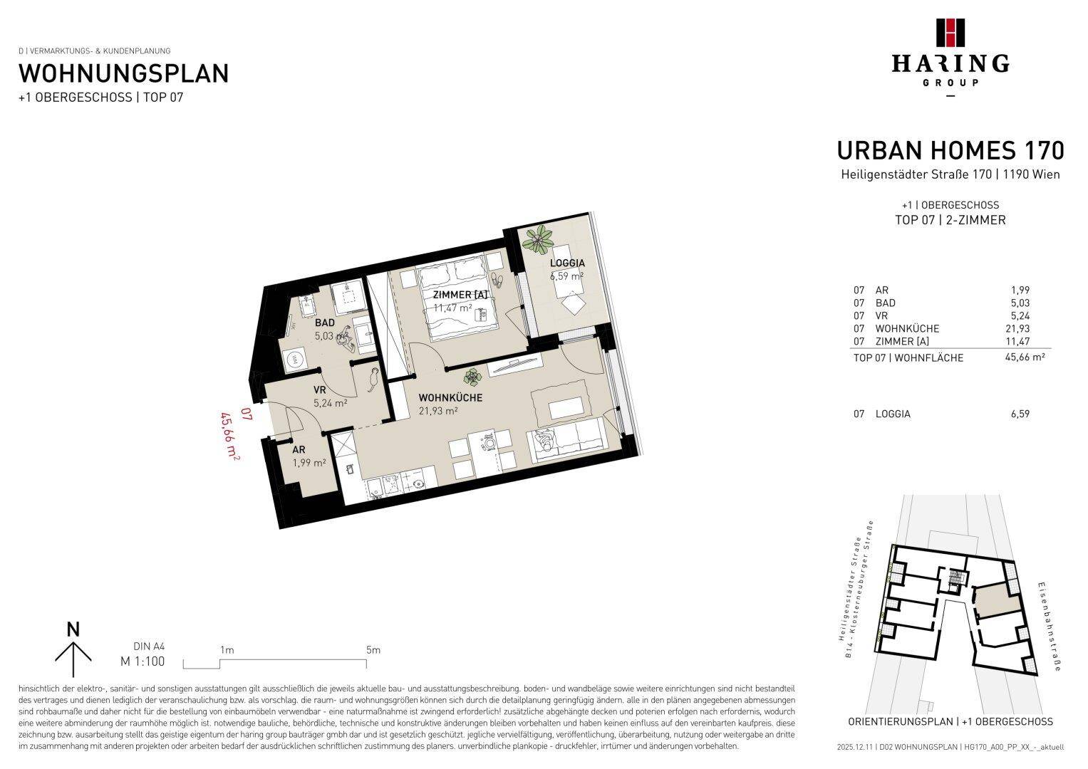 Grundrissplan einer Wohnung im ersten Obergeschoss mit offener Wohnküche, einem Schlafzimmer und Loggia.