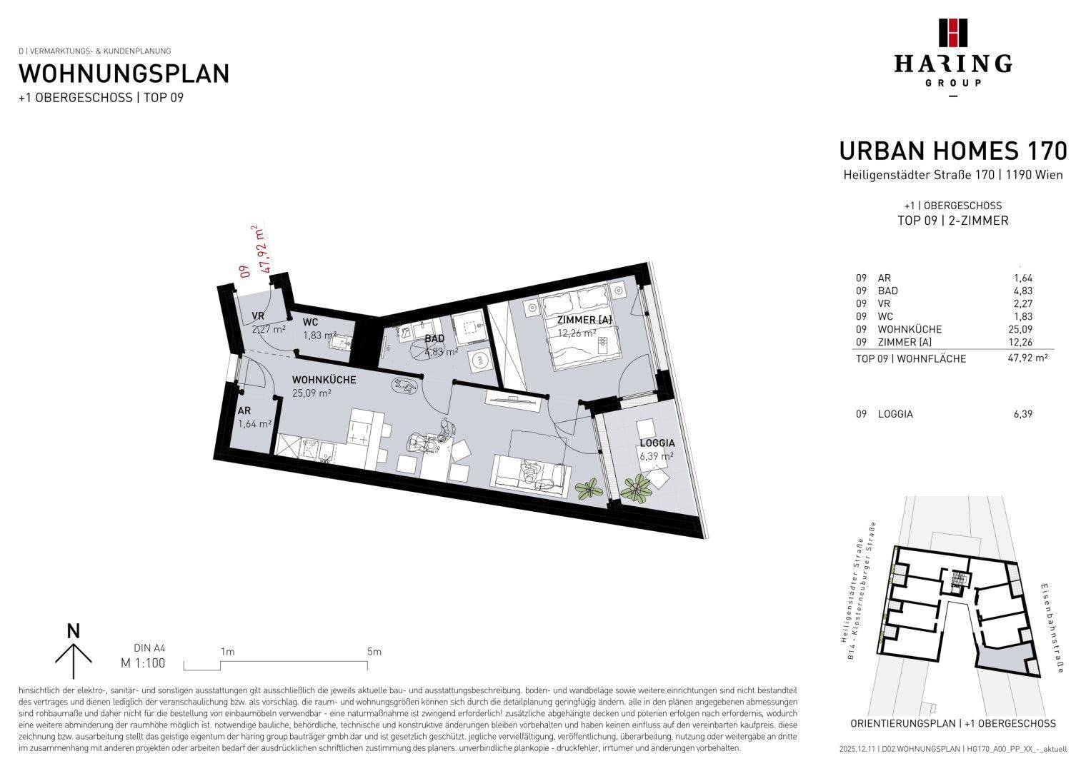 Grundrissplan einer Wohnung im ersten Obergeschoss mit offener Wohnküche, einem Schlafzimmer und Loggia.