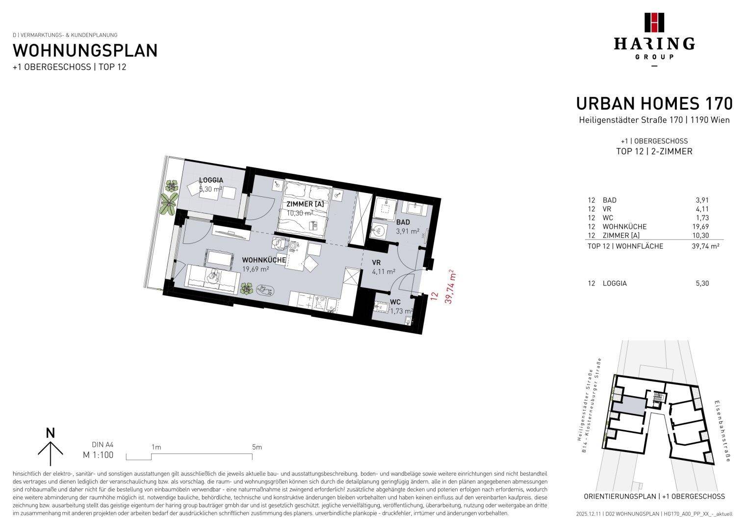 Grundrissplan einer modernen 2-Zimmer-Wohnung mit offener Wohnküche, Loggia und separatem WC.