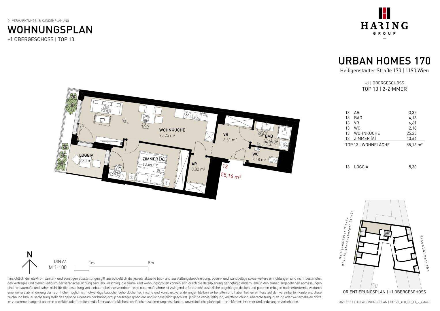 Grundrissplan einer Wohnung mit offener Wohnküche, einem Schlafzimmer, Bad, WC und einer Loggia.