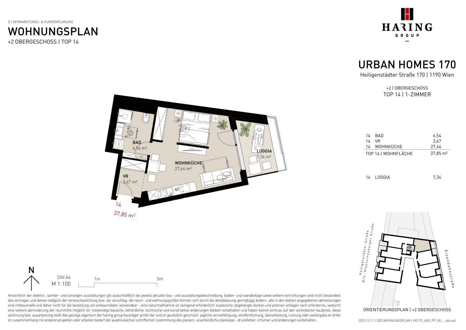 Grundrissplan einer 1-Zimmer-Wohnung mit offener Wohnküche, Bad und Loggia im zweiten Obergeschoss.