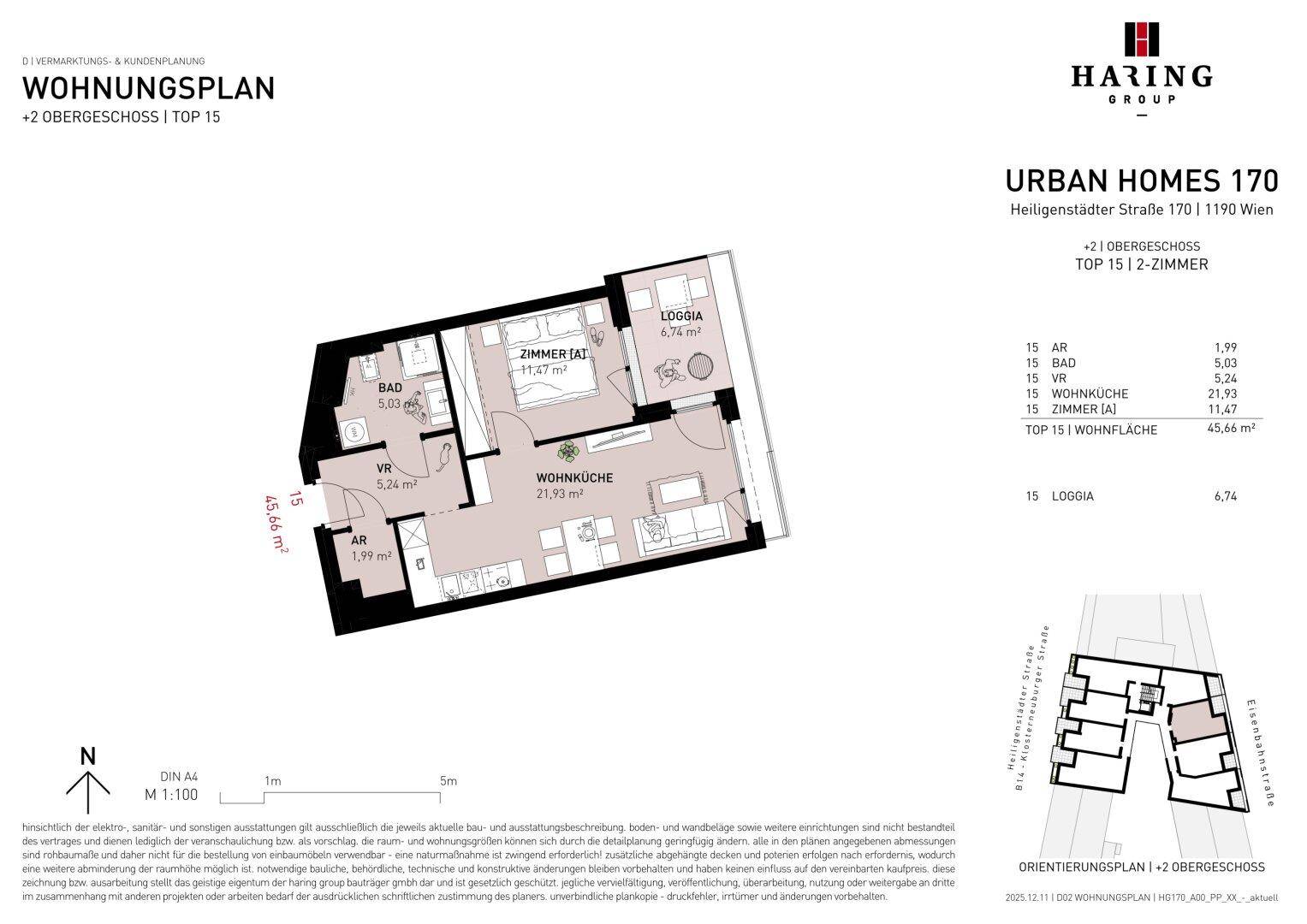 Grundrissplan einer modernen 2-Zimmer-Wohnung mit offener Wohnküche und Loggia.