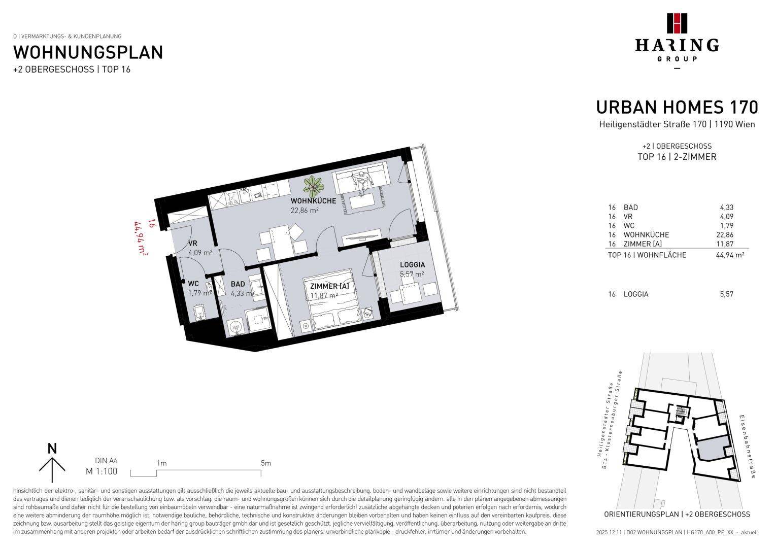 Grundrissplan einer modernen 2-Zimmer-Wohnung im zweiten Obergeschoss mit offener Wohnküche und Loggia.
