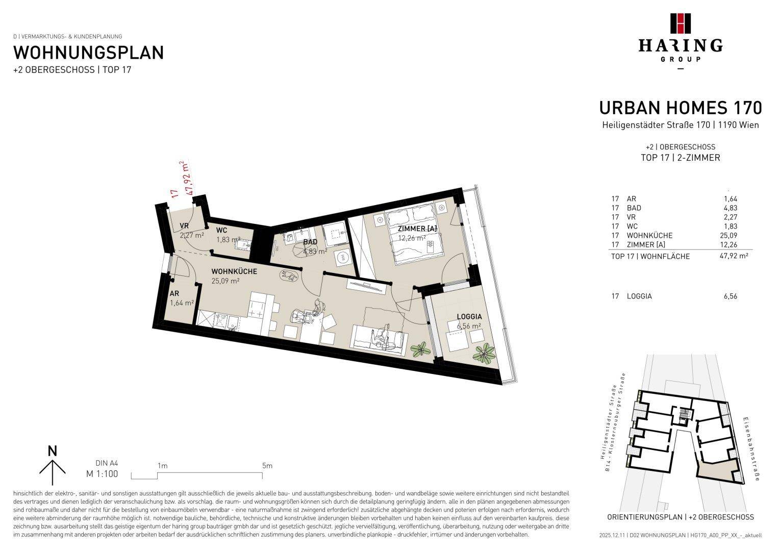 Detaillierter Wohnungsplan für eine moderne 2-Zimmer-Wohnung mit offener Wohnküche, Loggia und separatem WC.