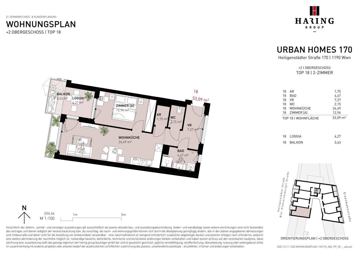 Grundriss einer 2-Zimmer-Wohnung im Obergeschoss mit offener Wohnküche, Balkon und Loggia.