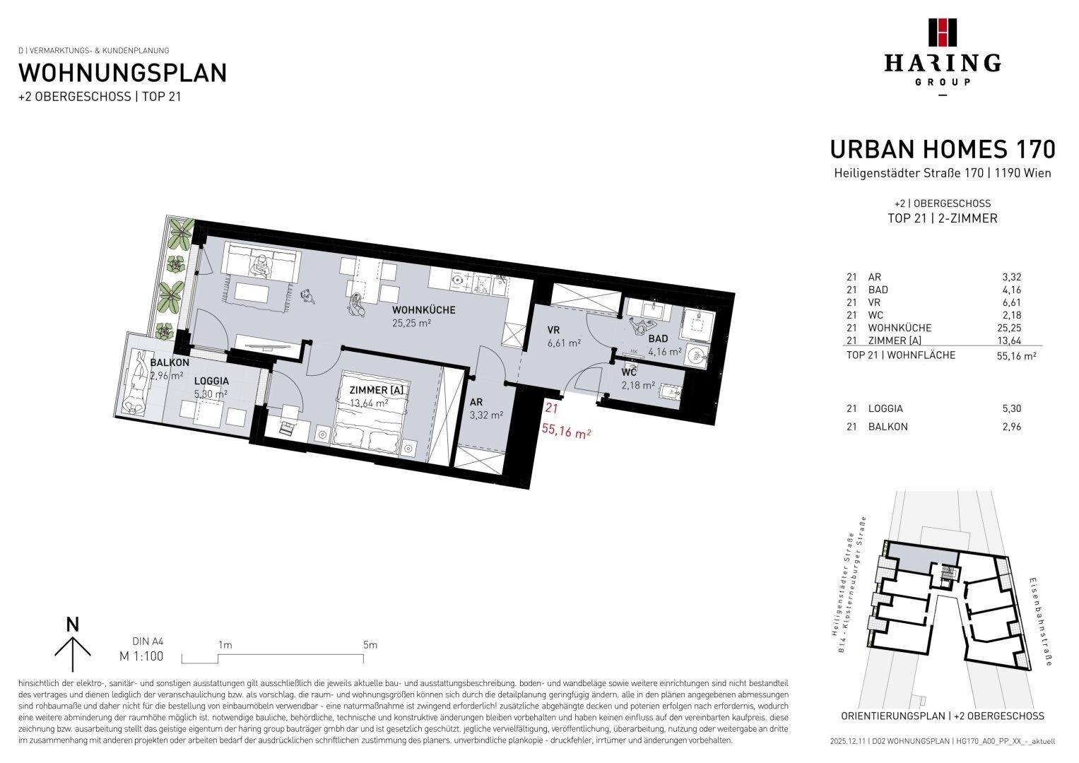 Grundriss einer modernen Wohnung mit offener Wohnküche, einem Schlafzimmer, Bad, separatem WC, Balkon und Loggia.