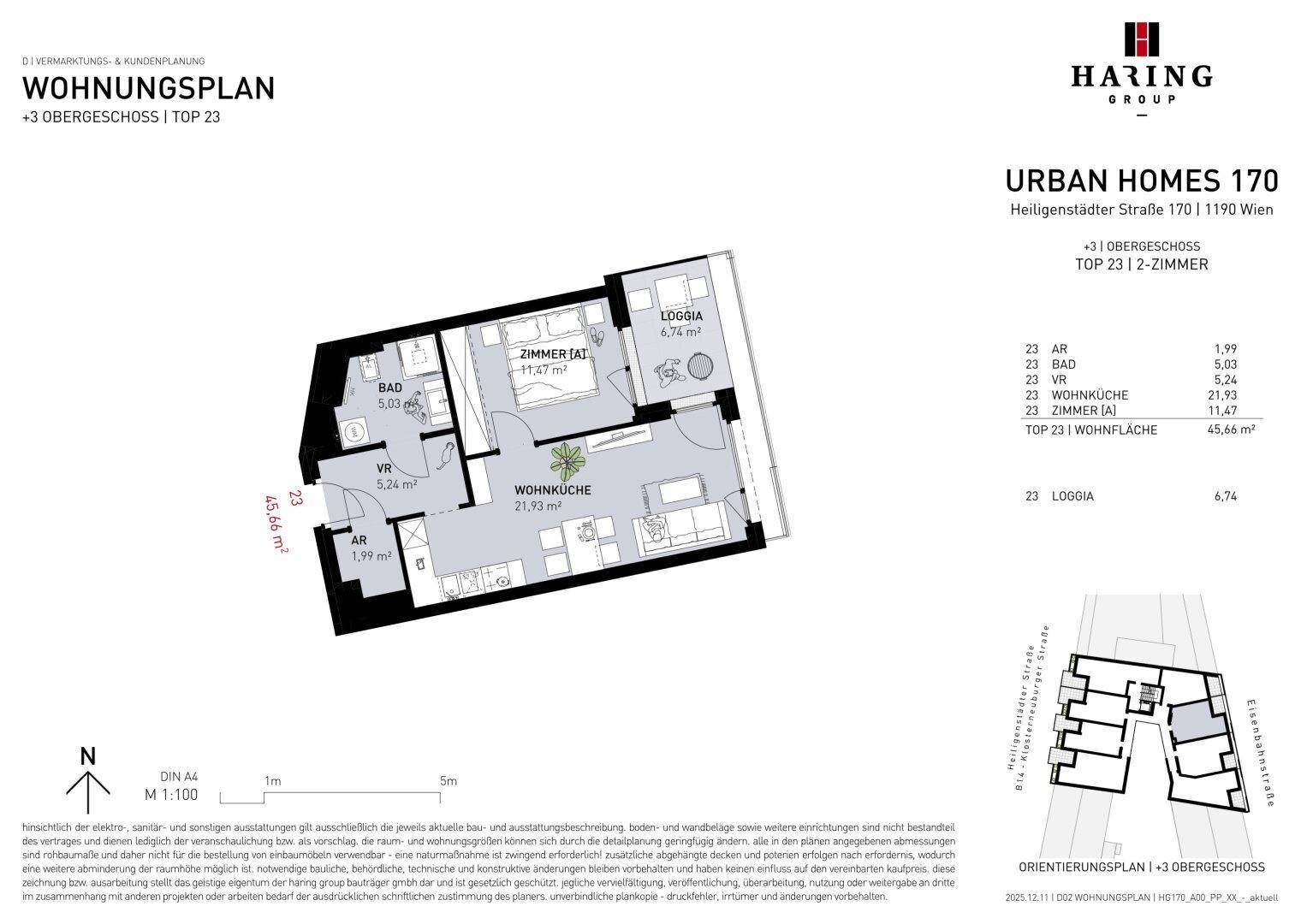 Grundrissplan einer 2-Zimmer-Wohnung mit offener Wohnküche, einem Schlafzimmer und einer Loggia.