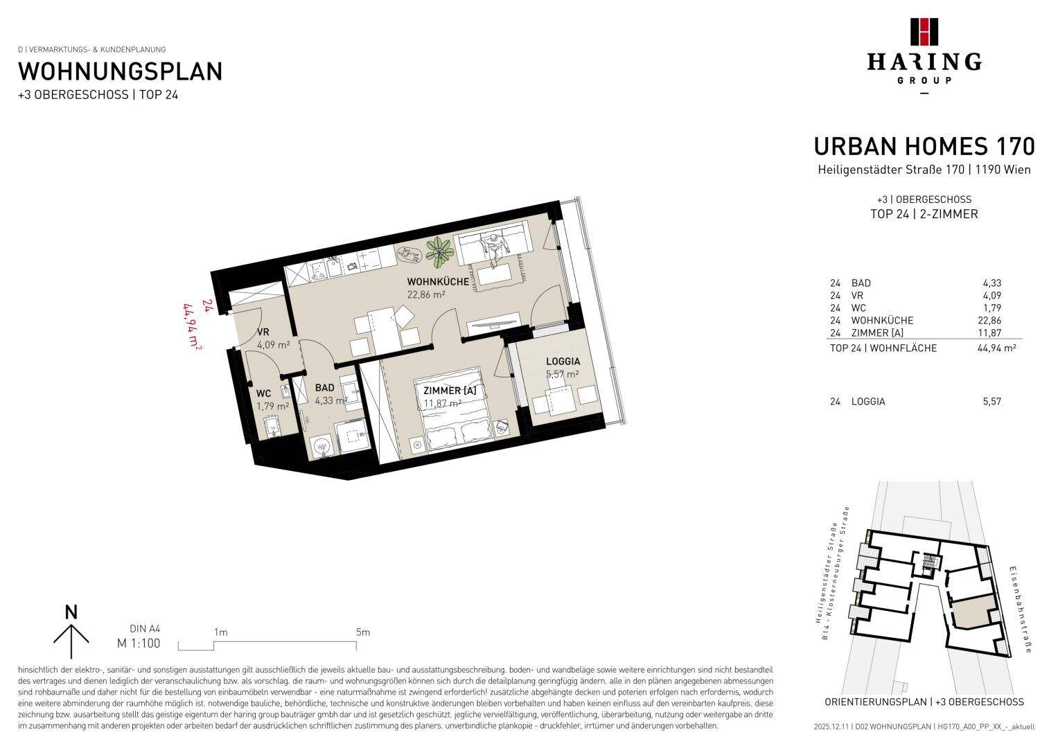 Grundriss einer modernen 2-Zimmer-Wohnung mit offener Wohnküche, Bad, separatem WC und gemütlicher Loggia.