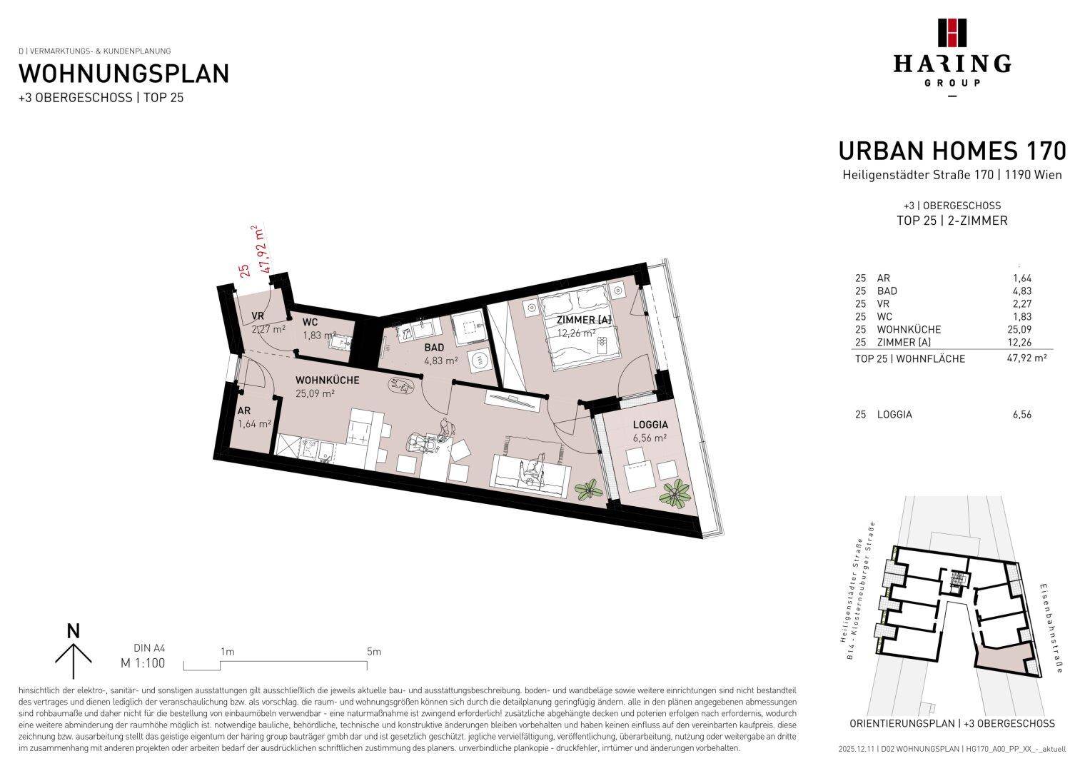 Grundrissplan einer 2-Zimmer-Wohnung mit offener Wohnküche und Loggia im 3. Obergeschoss.