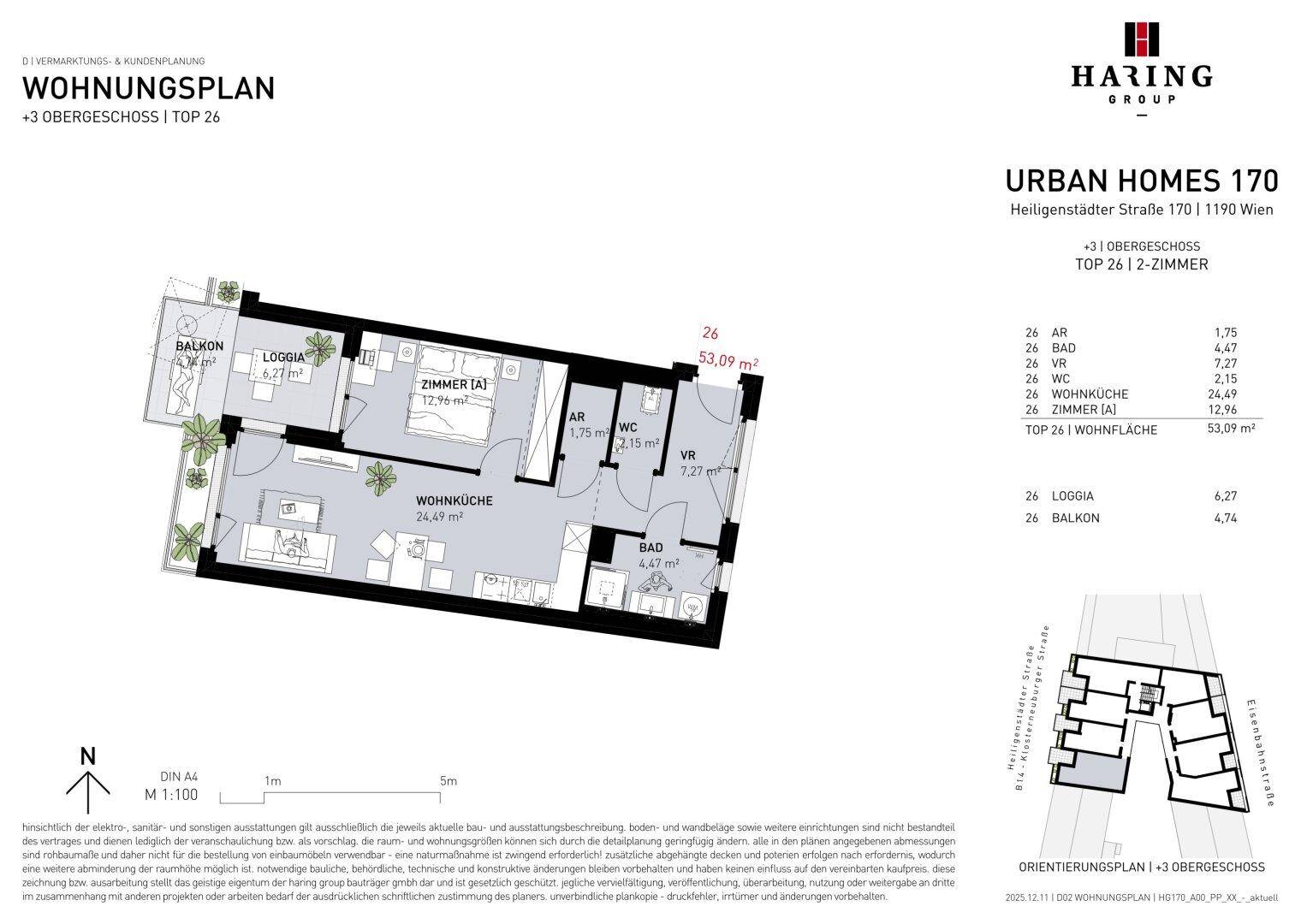 Grundrissplan einer 2-Zimmer-Wohnung im 3. Obergeschoss mit Balkon, Loggia und offener Wohnküche.