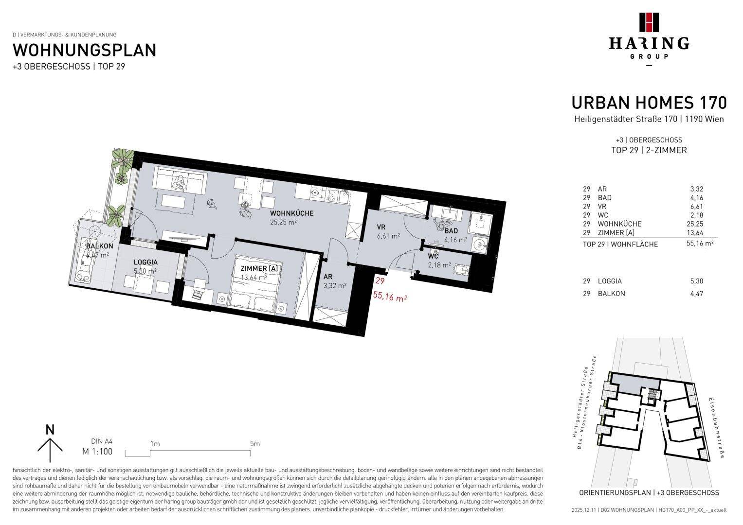 Dieser Wohnungsplan zeigt eine 2-Zimmer-Wohnung mit offener Wohnküche, Bad, separatem WC, Loggia und Balkon.