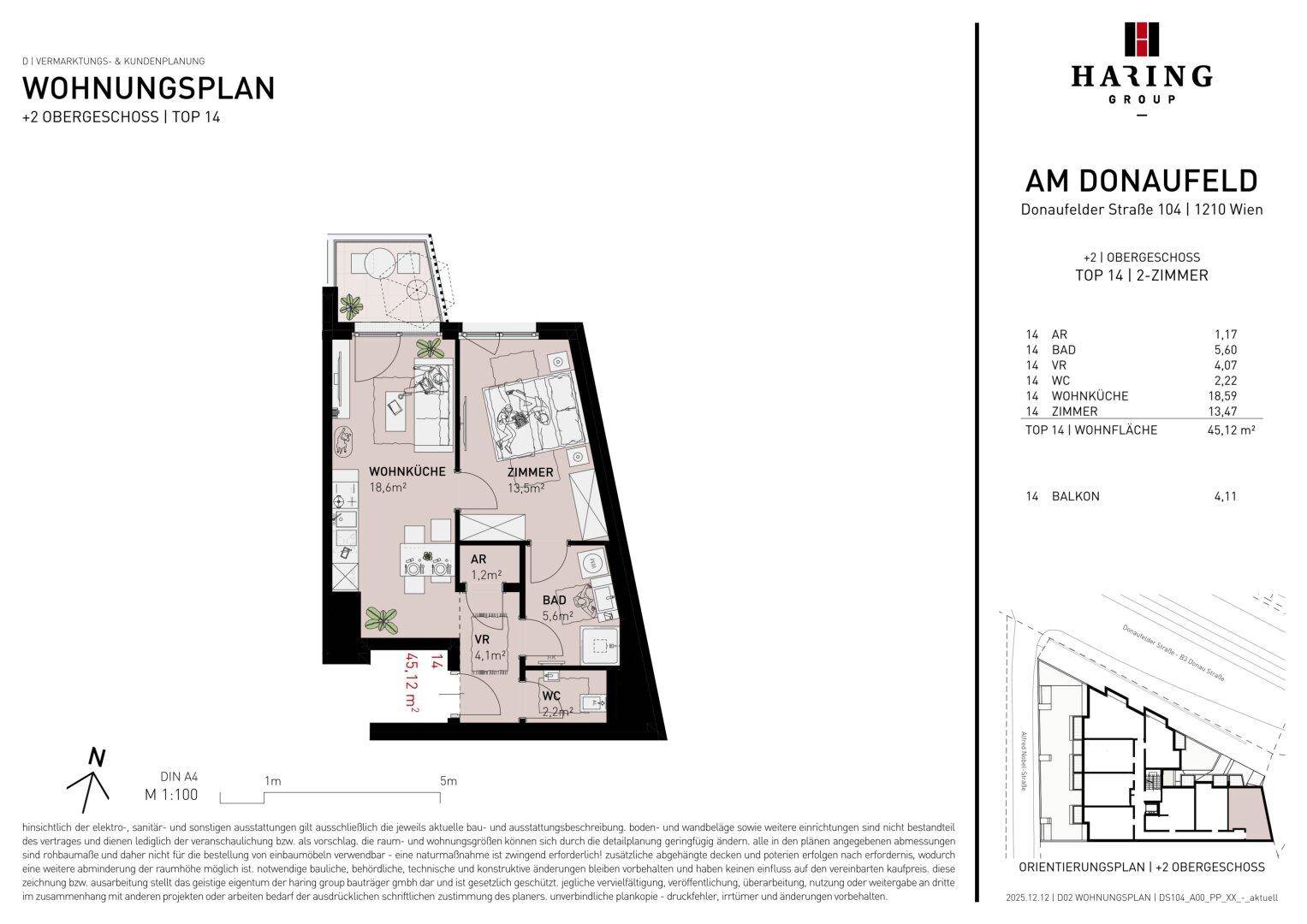Detaillierter Wohnungsplan für ein 2-Zimmer-Apartment im 2. Obergeschoss mit Balkon.