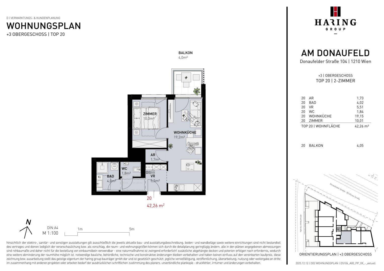 Detaillierter Wohnungsplan mit einem Schlafzimmer, offenem Wohnbereich, Bad und separatem WC sowie Balkon.