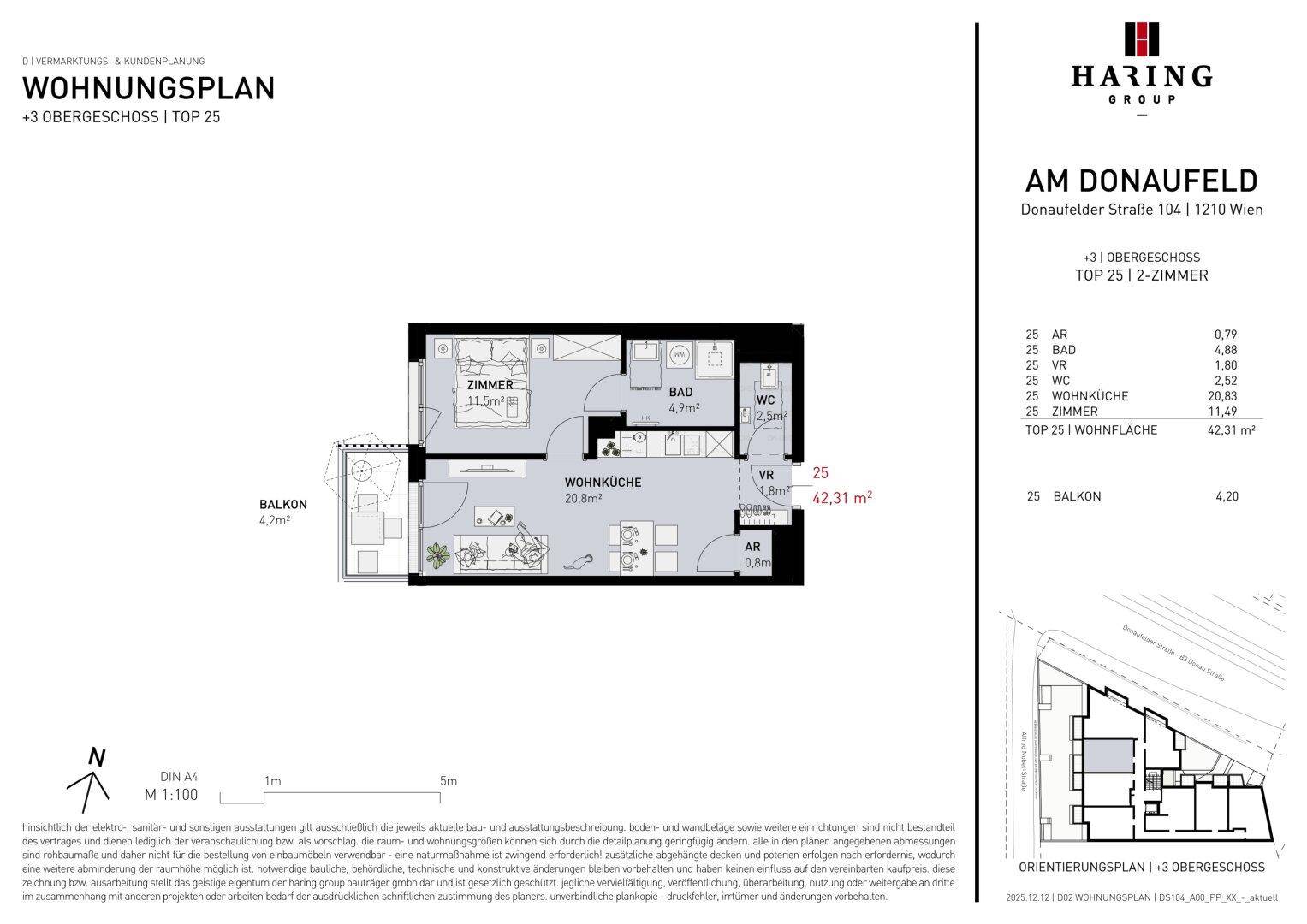 Grundriss einer 2-Zimmer-Wohnung mit Balkon und offener Wohnküche.