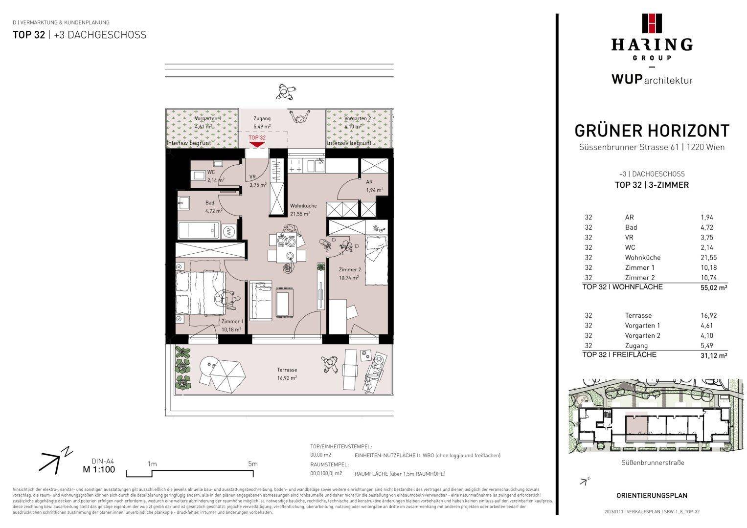 Grundriss einer 3-Zimmer-Wohnung mit offenem Wohn-Essbereich, zwei Schlafzimmern und großer Terrasse.