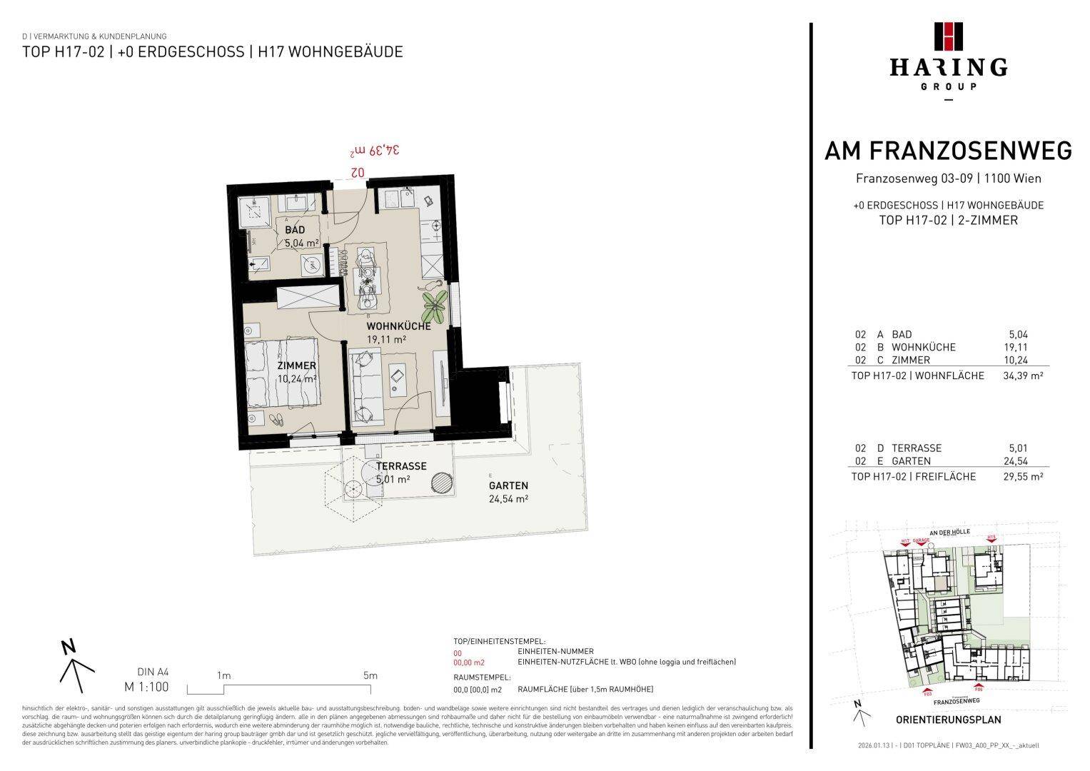 Grundriss einer Erdgeschosswohnung mit offener Wohnküche, einem Schlafzimmer, Bad, Terrasse und eigenem Garten.