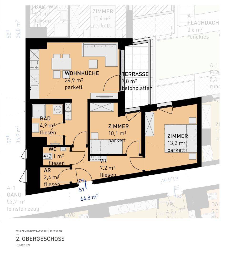 Grundriss einer Wohnung mit offener Wohnküche, zwei Schlafzimmern, Bad, WC und Terrasse.