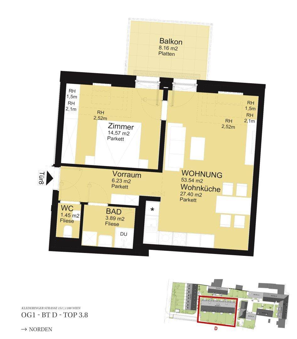 Detaillierter Grundriss einer Wohnung mit Wohnküche, Schlafzimmer, Bad, separatem WC und Balkon.