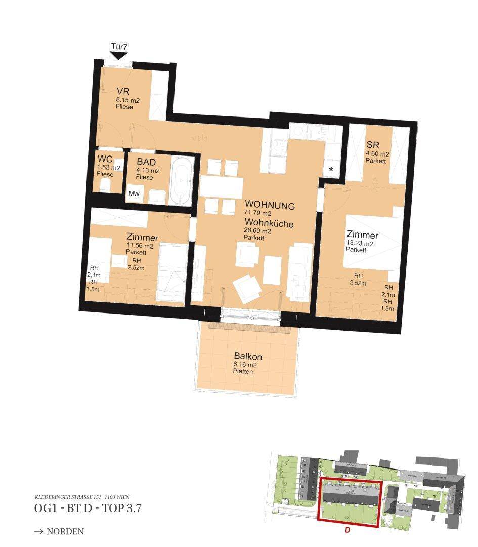 Grundriss einer Wohnung mit drei Zimmern, offenem Wohnbereich und Balkon.