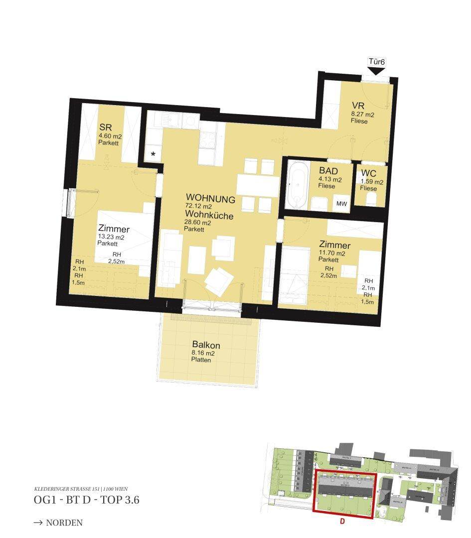 Detaillierter Grundriss einer Wohnung mit Wohnküche, zwei Zimmern, Bad, separatem WC und Balkon.