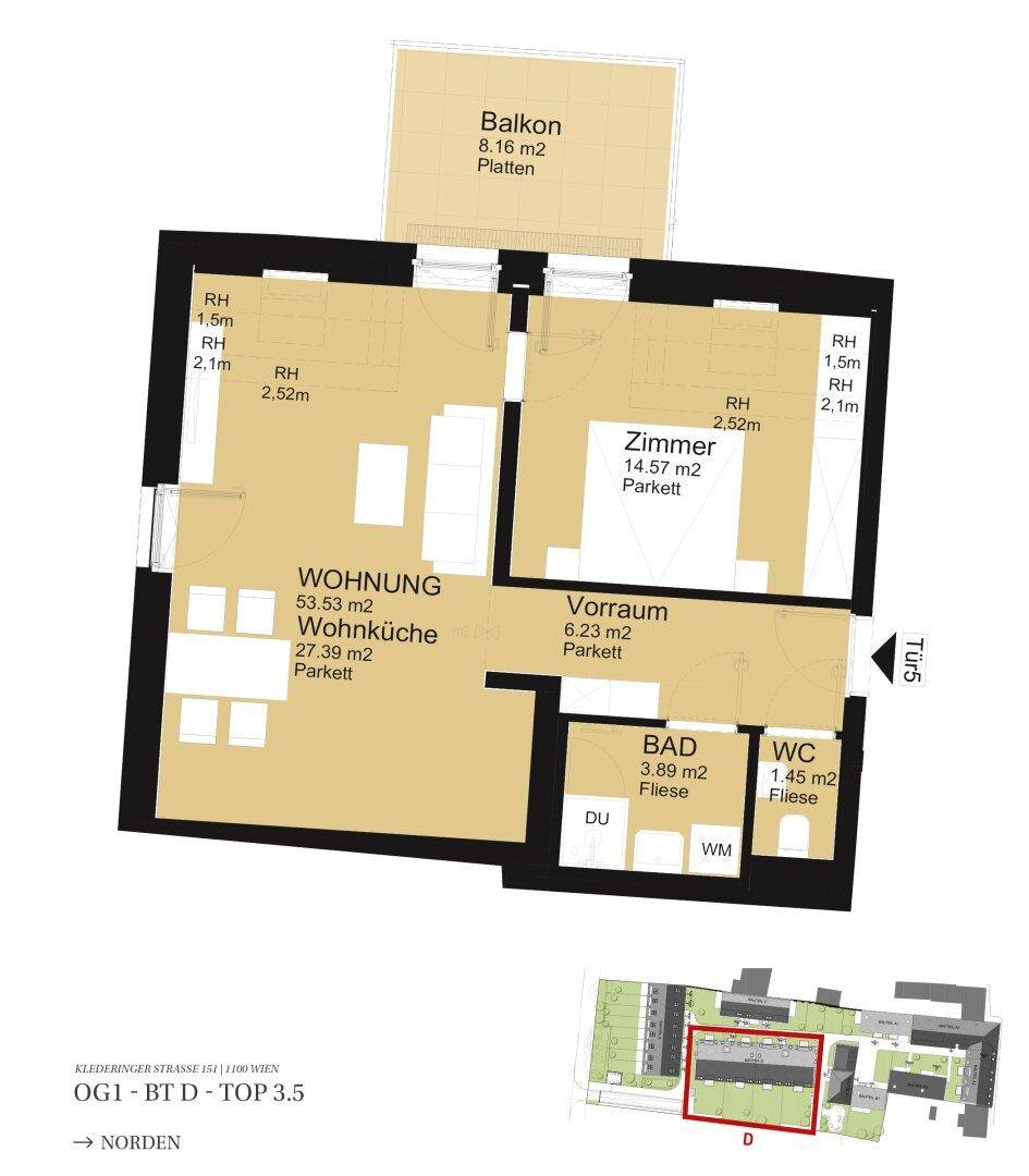 Detaillierter Grundriss einer Wohnung mit Wohnküche, Zimmer, Bad und separatem WC sowie Balkon.