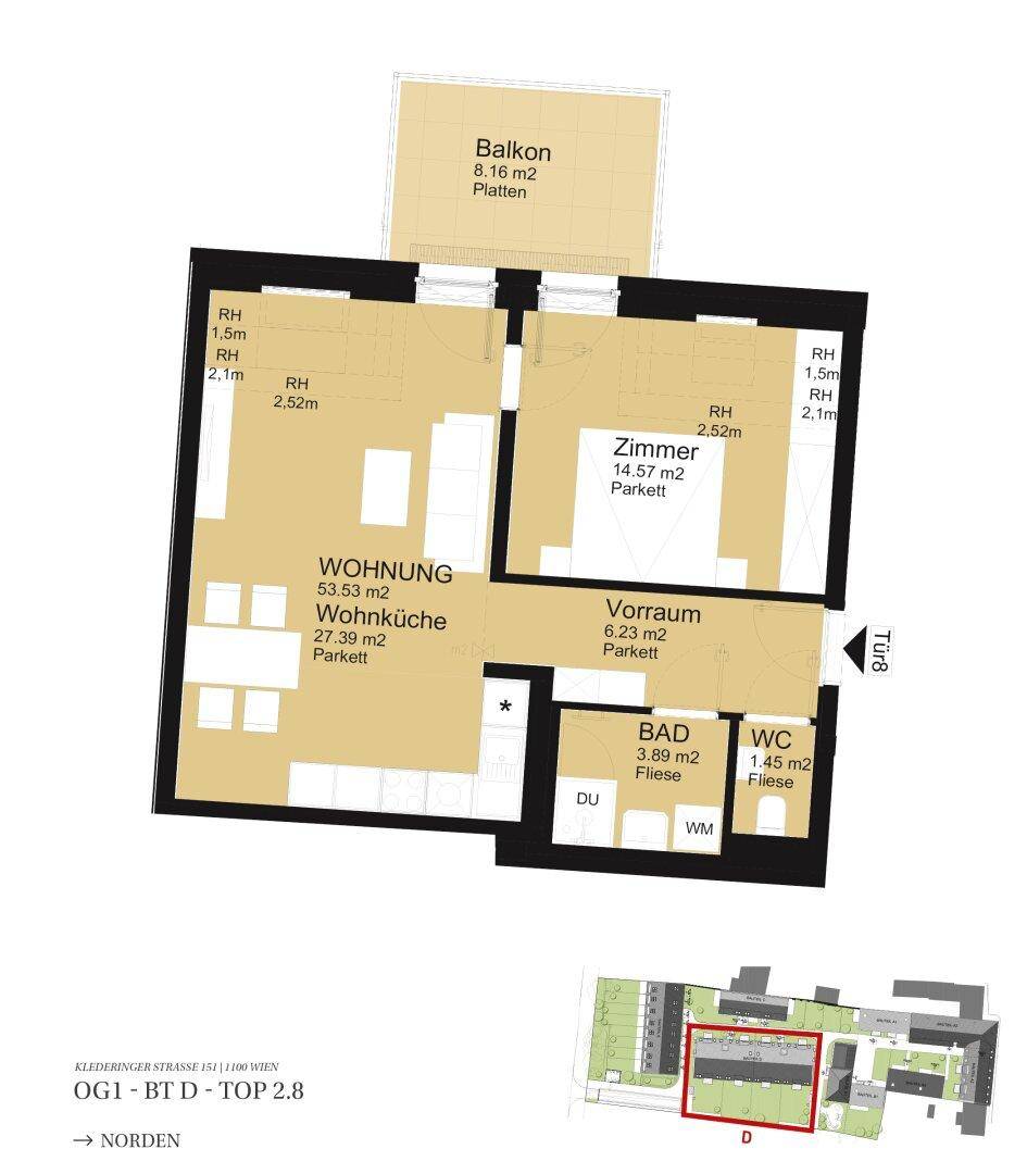 Grundriss einer Wohnung mit Wohnküche, einem Zimmer, Bad, WC und Balkon.