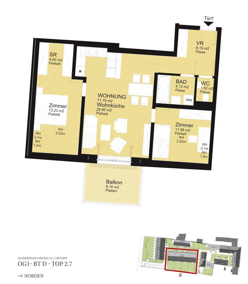 Detaillierter Grundriss einer Wohnung mit Wohnküche, zwei Zimmern und Balkon.