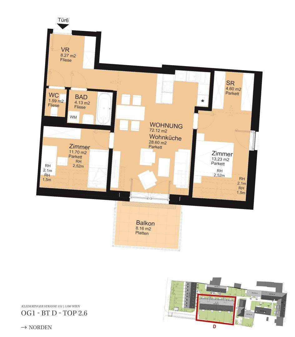 Grundriss einer Wohnung mit drei Zimmern, offenem Wohnbereich, Balkon und separatem WC.