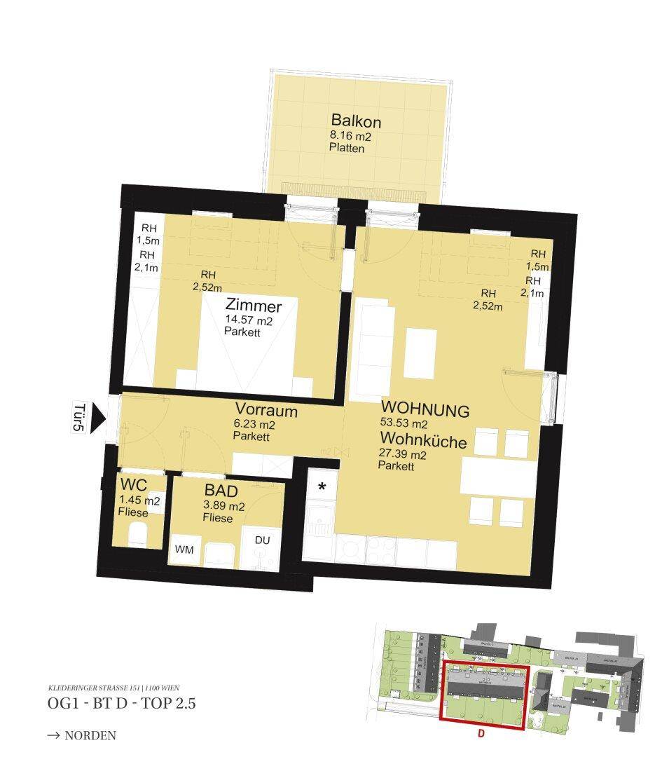 Detaillierter Grundriss einer Wohnung mit Wohnküche, Zimmer, Bad, WC und Balkon.