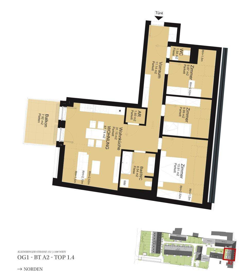 Detaillierter Grundriss einer Wohnung mit Wohnküche, zwei Zimmern, Bad, WC und Balkon.