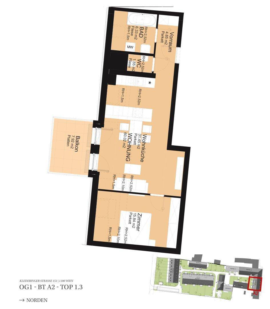 Grundriss einer Wohnung mit offener Wohnküche, Schlafzimmer, Bad, separatem WC und Balkon.