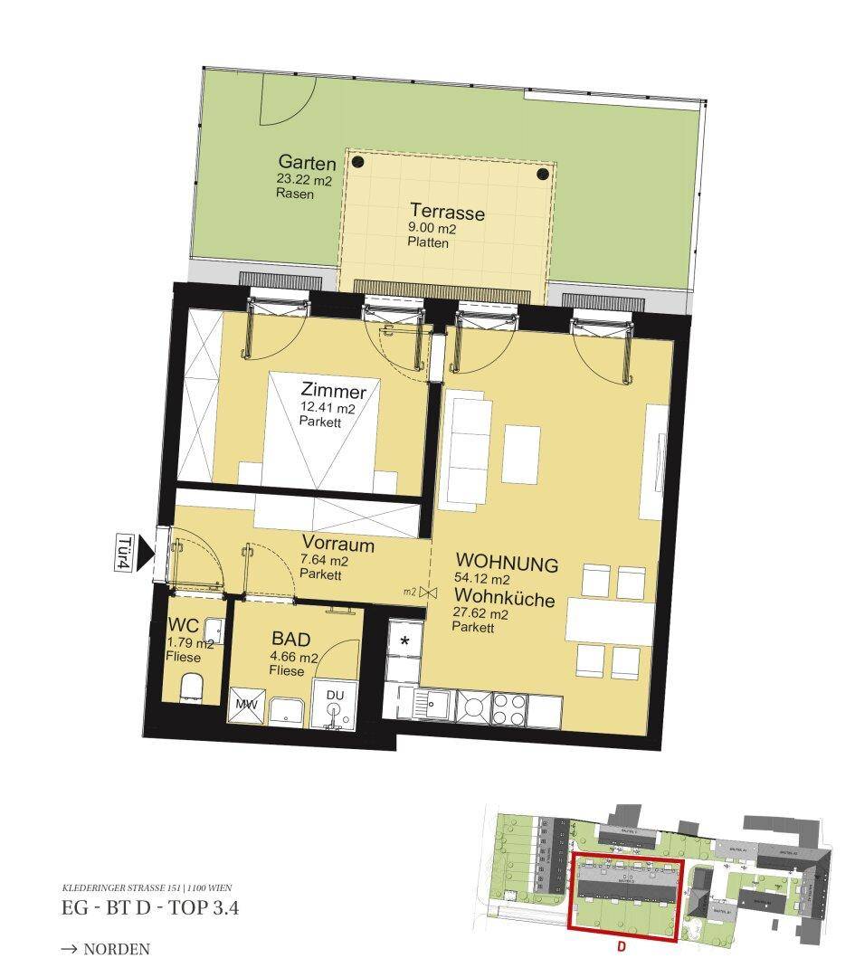 Grundriss einer Wohnung mit offenem Wohnbereich, Terrasse und privatem Gartenanteil.