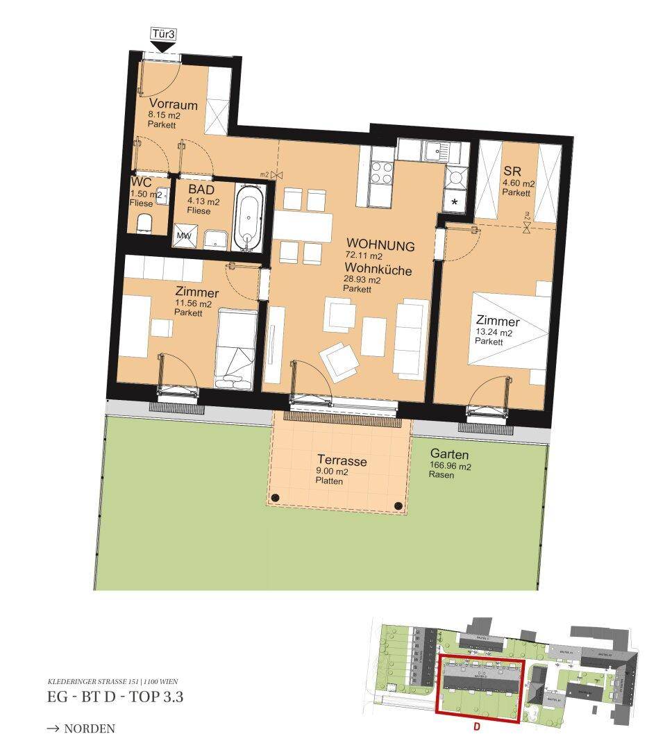 Grundriss einer Erdgeschosswohnung mit offener Wohnküche, zwei Zimmern, Bad, WC, Terrasse und Garten.