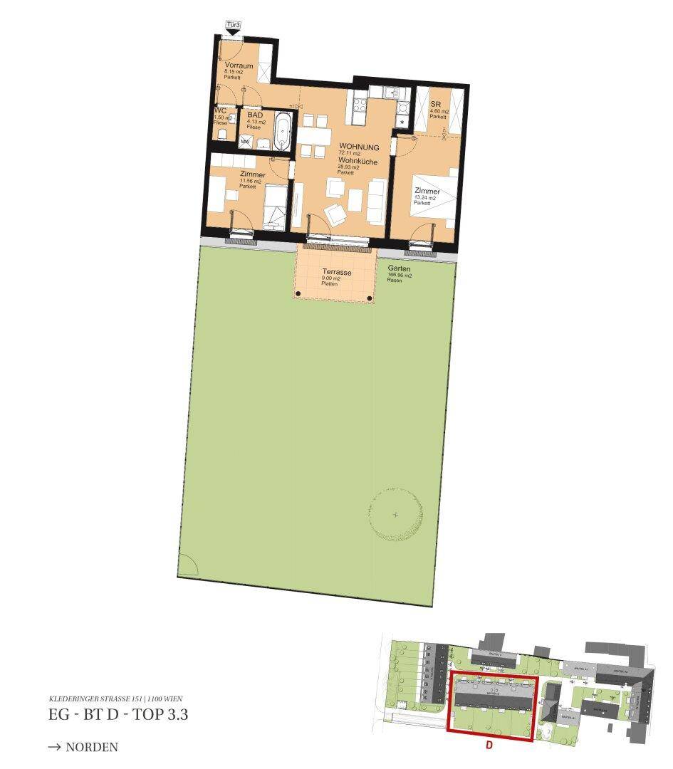 Übersichtlicher Grundriss einer Erdgeschosswohnung mit Wohnküche, Schlafzimmern, Bad, WC und großem Gartenbereich.