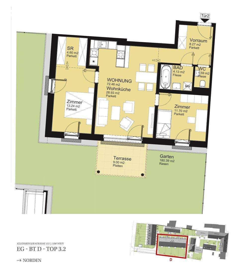 Detaillierter Grundriss einer Erdgeschosswohnung mit großzügiger Terrasse und privatem Gartenbereich.
