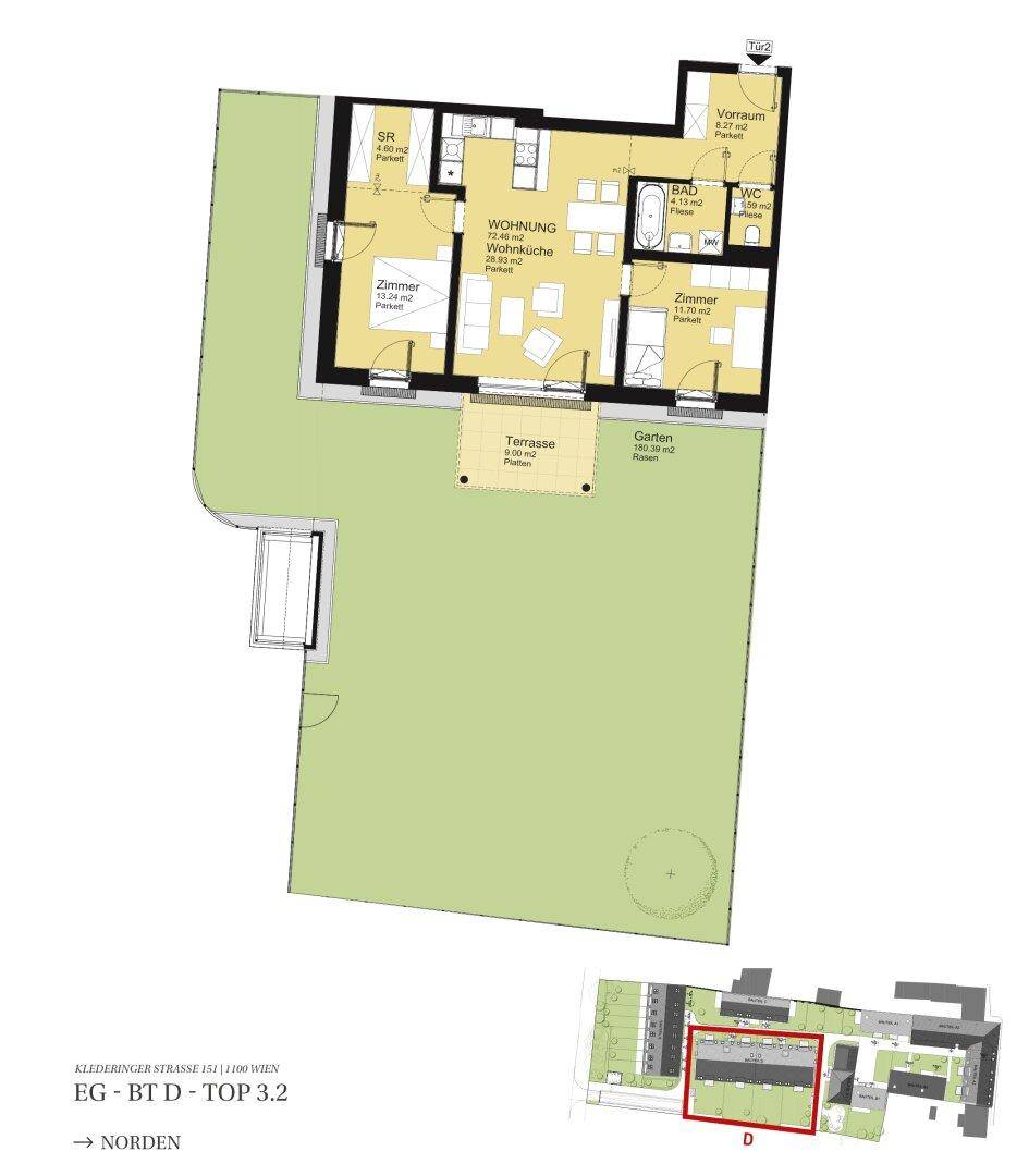 Grundriss einer Erdgeschosswohnung mit offener Wohnküche, Terrasse und privatem Gartenbereich.