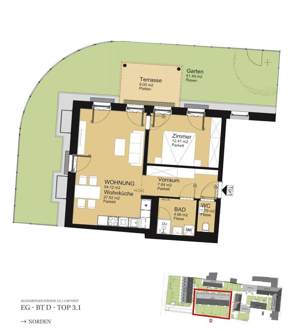 Grundriss einer Wohnung mit Wohnküche, einem Zimmer, Bad, WC, Terrasse und Garten.