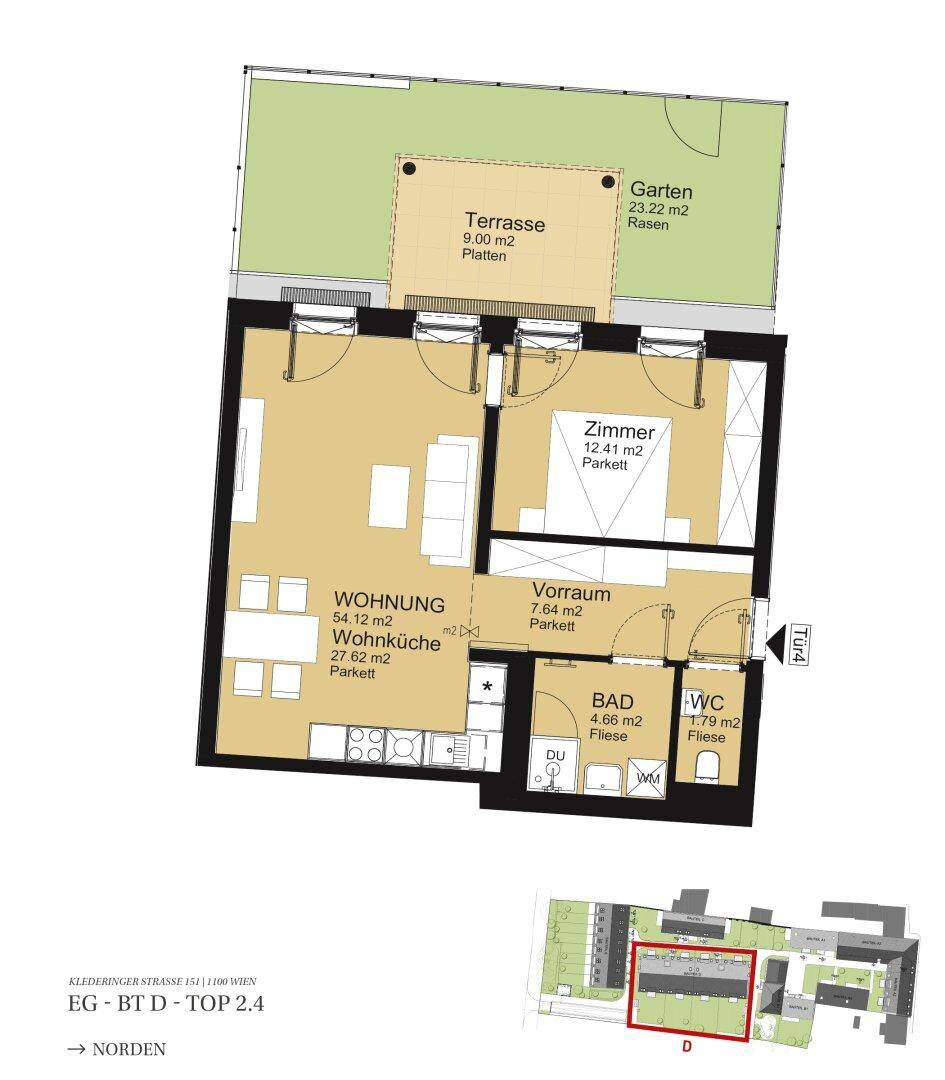 Detaillierter Grundriss einer Wohnung mit Terrasse, Garten und offenem Wohnbereich.